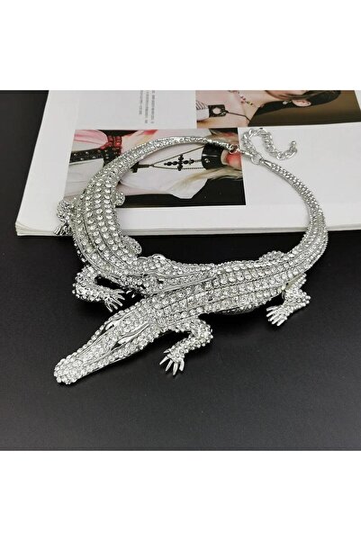 Pursehuit Colier de culoare argintie, formă de crocodil, cu pietre, Luiza C2