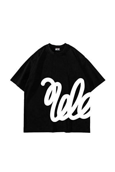 Sekizbiraltı تيشيرت أسود كبير الحجم مطبوع عليه Sof Flow للجنسين