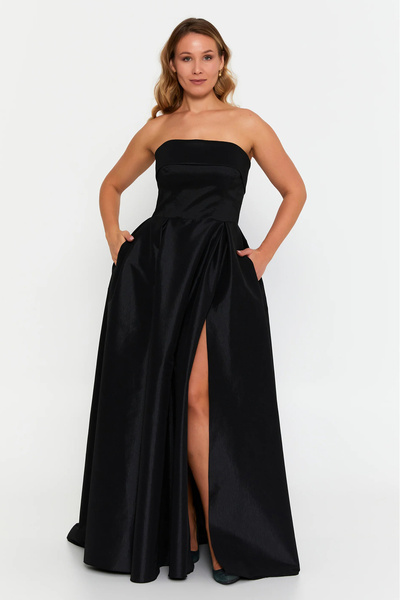 ŞEREF VURAL Women's Plus Size Strapless Double Pocket A-Line Maxi Evening Dress 8337 Black