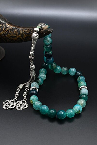 Prestige Natural Veined Agate Stone 33 Prayer Beads with Metal Tassel 10mm Sphere Cut 902250