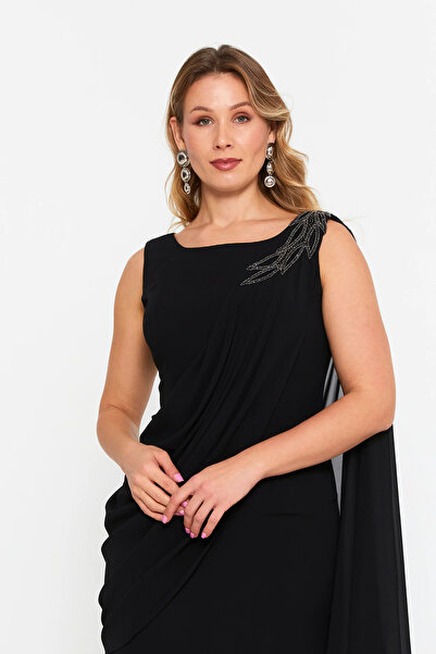 ŞEREF VURAL Women's Plus Size One Shoulder Embroidered Maxi Evening Dress 6707 Black