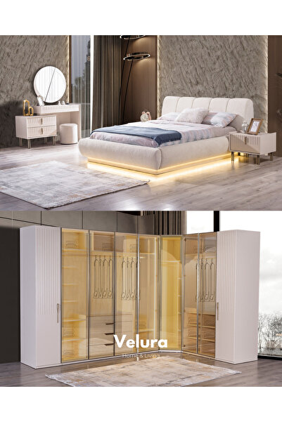 Velura Home & Living Tress Yatak Odası Takımı (9 Kapaklı Köşe Dolap + Şifonyer + Komodin + Karyola)