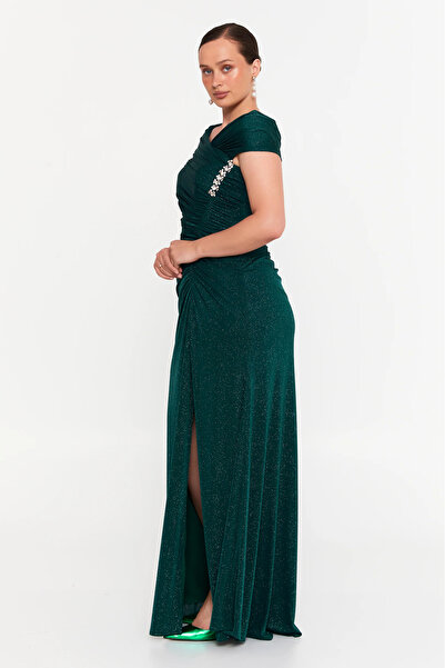 ŞEREF VURAL Women's Plus Size Glitter Deep Slit Maxi Evening Dress 8210 Nefti