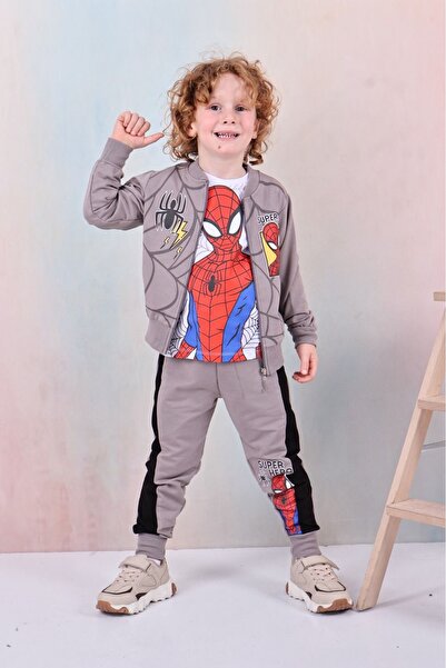 ANKANOVA Set de îmbrăcăminte sport pentru băieți Spiderman cu imprimeu din 3 piese, din țesătură cu 2 fire