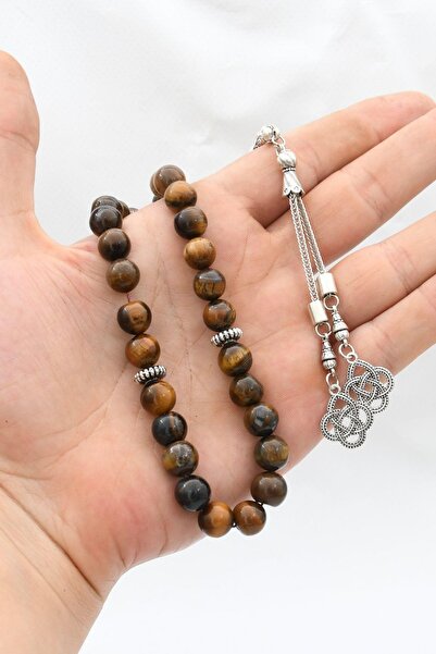Prestige Natural Tiger's Eye Stone 33-Bead Rosary with Metal Tassel 10mm Sphere Cut 902239