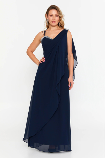 ŞEREF VURAL Women's Plus Size Sleeveless Stone Detailed Long Evening Dress 6671 Navy Blue
