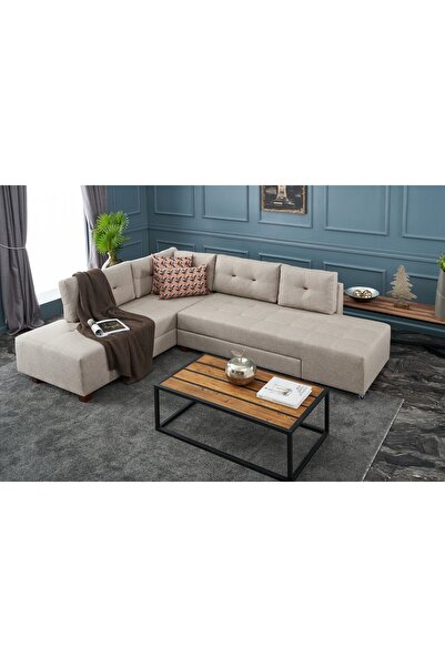 Rabi Manama Stil Yataklı Köşe Koltuk Takımı Krem Sol