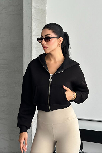 macharel jeans Women's Black Color Hooded Hooded Crop Sweatshirt Cardigan