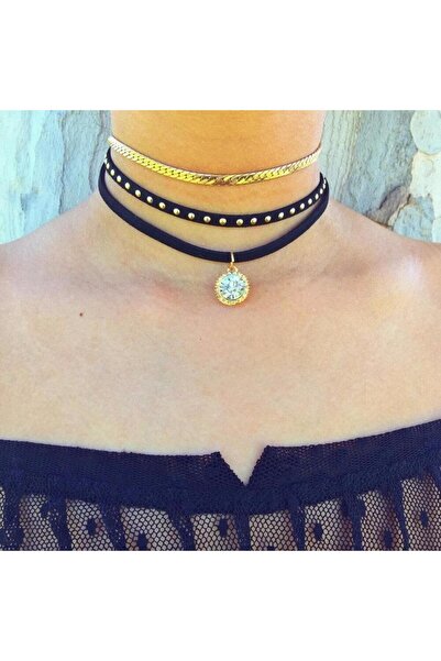 Pursehuit Set de 3 coliere, negre, cu piatră, Maisi C10