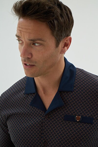 Sevim Ανδρικό μακρυμάνικο σετ πιτζάμες με κουμπιά μπροστά σε καφέ χρώμα C9T3N69