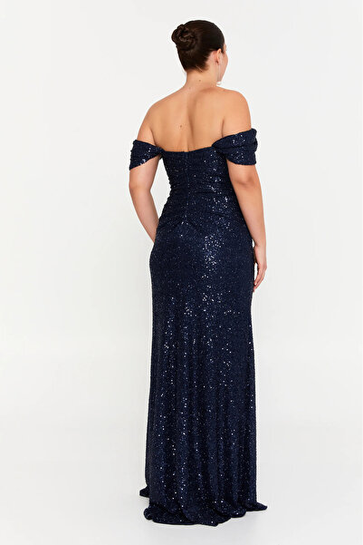 ŞEREF VURAL Women's Plus Size Sequin Off-Shoulder Maxi Evening Dress 8393 Navy Blue