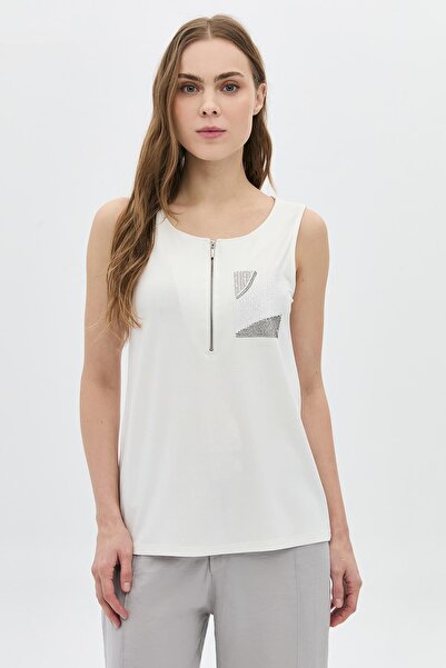 DAIDO Zipper Detailed Pocket Sequined Stone Embellished Tank Top