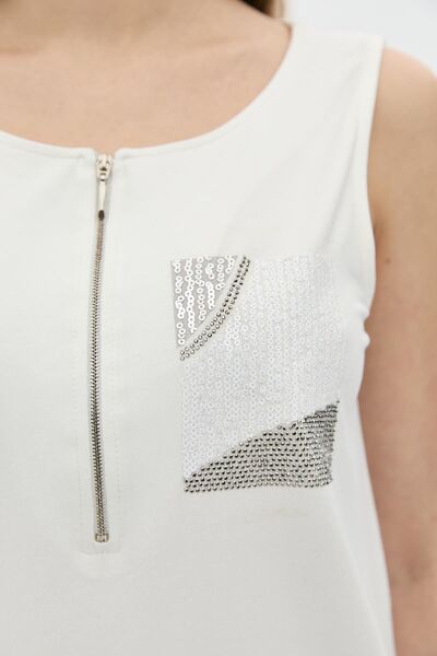 DAIDO Zipper Detailed Pocket Sequined Stone Embellished Tank Top