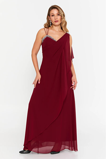 ŞEREF VURAL Women's Plus Size Sleeveless Stone Detailed Long Evening Dress 6671 Burgundy