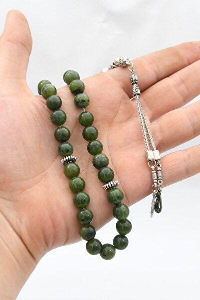 Prestige Natural Jade Stone 33-Bead Rosary with Metal Tassel 10mm Sphere Cut 902244