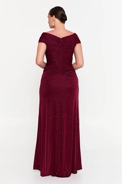 ŞEREF VURAL Women's Plus Size Glitter Deep Slit Maxi Evening Dress 8210 Burgundy