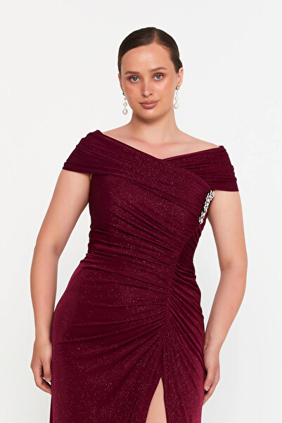 ŞEREF VURAL Women's Plus Size Glitter Deep Slit Maxi Evening Dress 8210 Burgundy