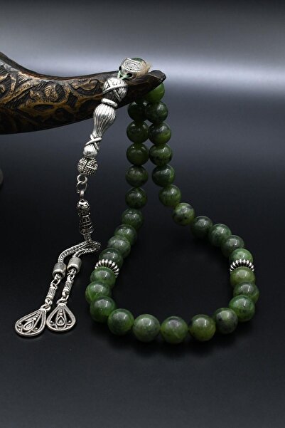 Prestige Natural Jade Stone 33-Bead Rosary with Metal Tassel 10mm Sphere Cut 902244