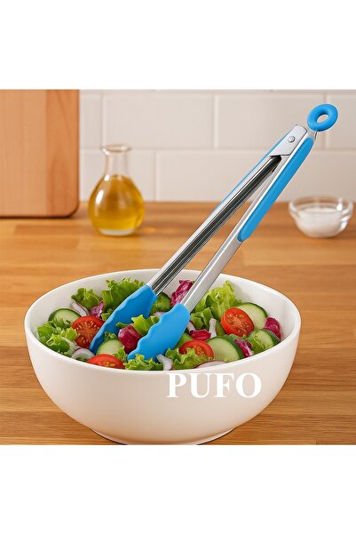 PUFO Metal kitchen tongs for serving, grilling, steak, with steel handle, silicone tip, 30 cm, blue