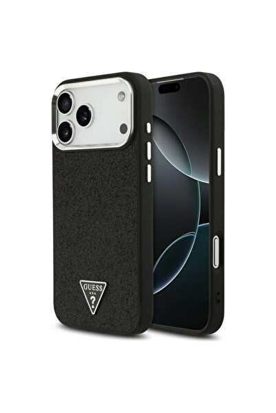 Guess Кейс MagSafe с брокатено триъгълно лого за iPhone 17 Pro Max, черен с б...