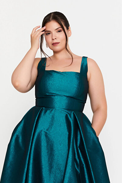 ŞEREF VURAL Women's Plus Size Thick Strap A-Line Maxi Evening Dress 8391 Petrol