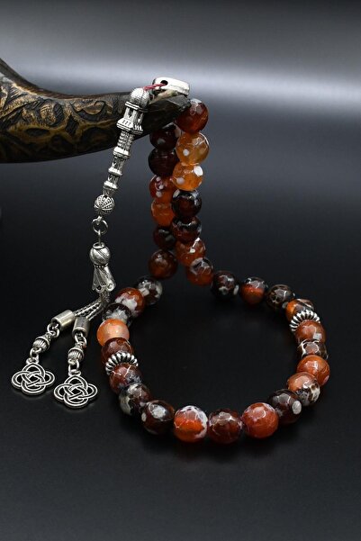 Prestige Natural Veined Agate Stone 33 Prayer Beads with Metal Tassel 10mm Sphere Cut 902252