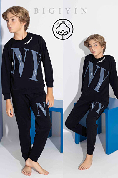 bigiyin Black Interlock Boys Pajama Set Winter Pajamas Teen Pajama Set 100% Cotton Quality Pajamas