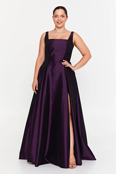 ŞEREF VURAL Women's Plus Size Thick Strap A-Line Maxi Evening Dress 8391 Plum