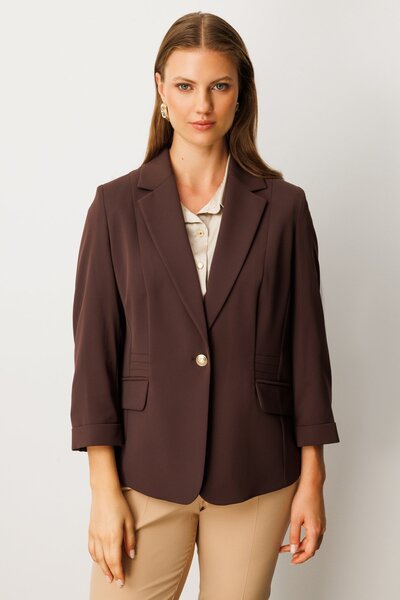 Ekol Women's Plus Size Single Button Jacket with Flap Pockets 5503 Brown