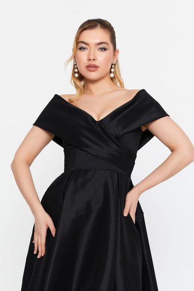 ŞEREF VURAL Women's Off Shoulder Deep Slit Maxi Evening Dress 8363 Black