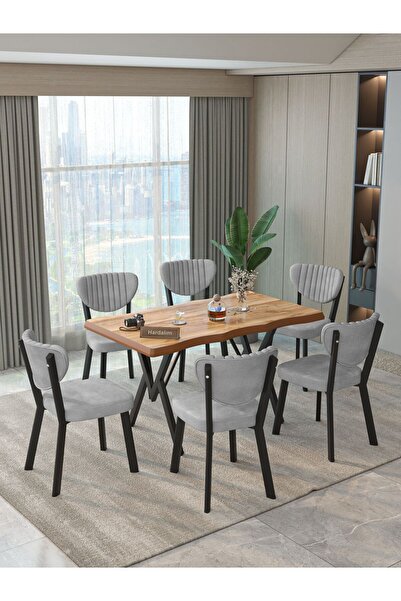 Hardalım Consept Mdf Kütük Masa 140x80 Elma Sandalye 6 Adet Babyface Kumaş Mutfak Masası Yemek Masası
