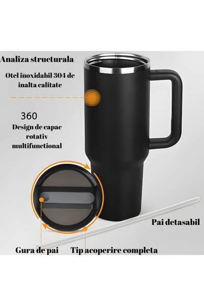 OEM Cană termos, 1200 ml, cu mâner, capac și pai, reutilizabilă, oțel inoxidabil, pentru băuturi calde și reci
