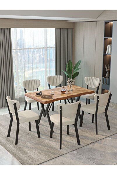 Hardalım Consept Mdf Kütük Masa 140x80 Elma Sandalye 6 Adet Babyface Kumaş Mutfak Masası Yemek Masası