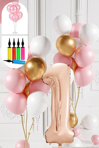 tedaks مجموعة بالونات بعمر سنة واحدة مع حامل ومضخة باللون الذهبي الوردي والأب...