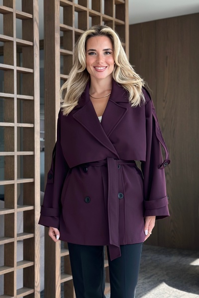 Laluvia Plum Oversize Off-Shoulder Short Trench - 9580