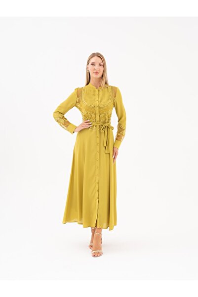 SERPİL Brode Detaylı Kuşaklı Önden Düğmeli Uzun Elbise 39519