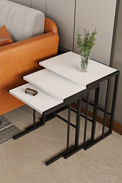 BARIN DESIGN C Zigon Sehpa – 3'lü Modern Metal Yan Sehpa, Laptop Masası ve Ko...
