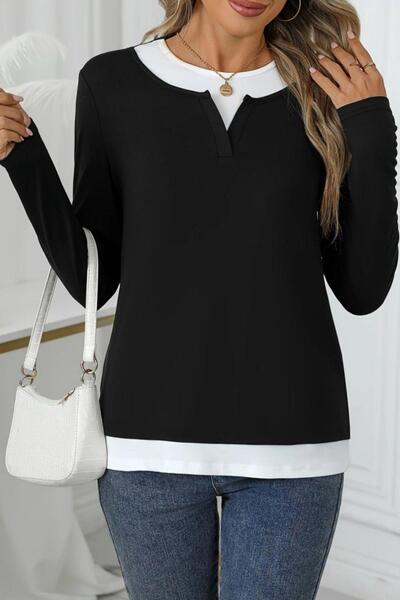 Mossta V-Neck Double Color Viscose Two Thread Blouse - Black