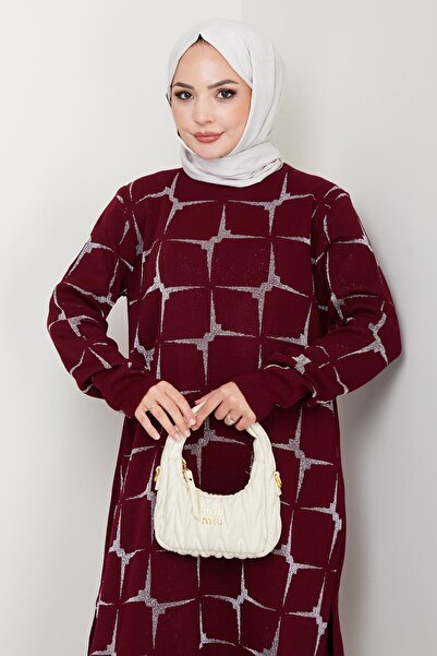 FATELLA Women's Burgundy Long Sleeve Patterned Hijab Knitwear Tunic