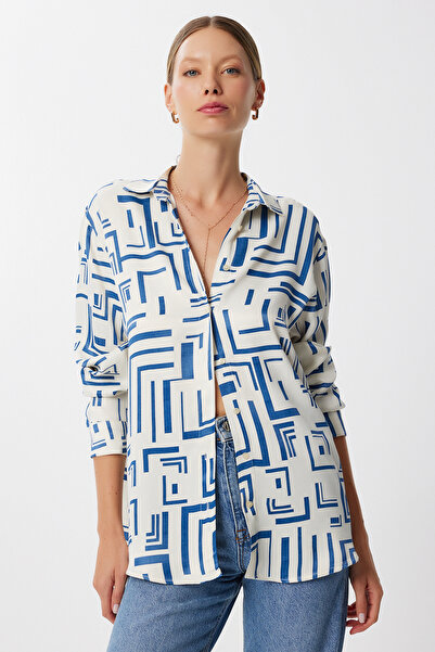 Lovelyİstanbul Patterned Oversize Satin Surface Shirt Lmx0113 Bone Blue
