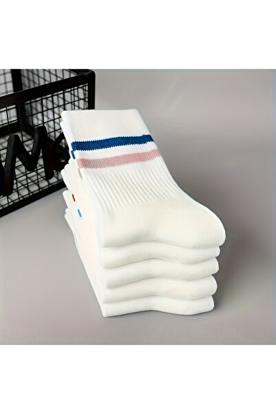 çorapmanya 5 Çift Kadın Beyaz Çizgili Kolej - Tenis Çorap