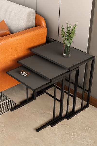 BARIN DESIGN C Zigon Sehpa – 3'lü Modern Metal Yan Sehpa, Laptop Masası ve Ko...