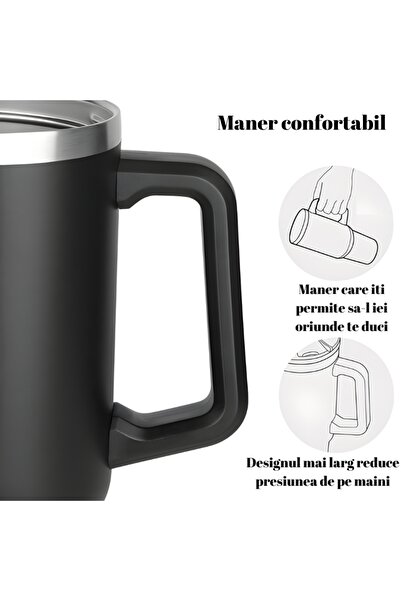 OEM Cană termos, 1200 ml, cu mâner, capac și pai, reutilizabilă, oțel inoxidabil, pentru băuturi calde și reci