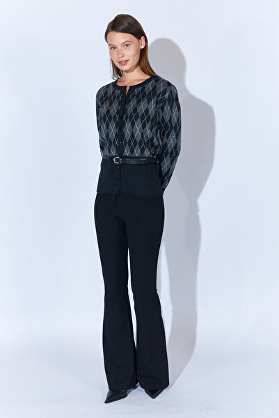 EDITION WOMAN Black Diamond Pattern Self-Belted Women's Wool Blend Cardigan - Ek100535338