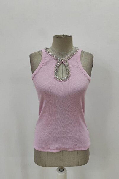 Mossta Stone Detailed Collar Low-Cut Camisole Blouse - Pink