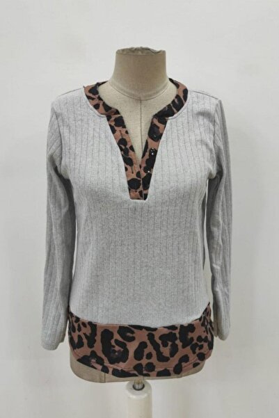 Mossta Buttoned Leopard Detailed Camisole Blouse - Gray