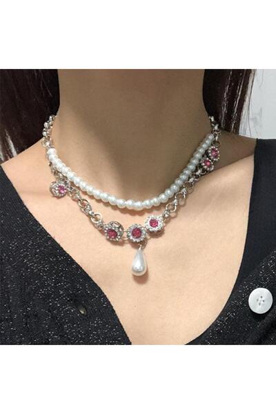 Pursehuit Κολιέ σε ασημένιο χρώμα, με μαργαριτάρια και ροζ πέτρες, Emeliana C1