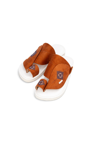 NAYASHIN Embroidered camel suede oriental shoes with a sugar orthopedic sole