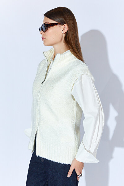EDITION WOMAN Ecru Double-Sided Zippered Turtleneck Women's Boucle Vest - Ek100375254