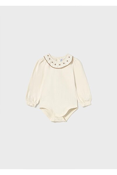 MAYORAL Kışlık Kız Bebek Uzun Kol Nakışlı Yaka Tshirt Bady - Bej